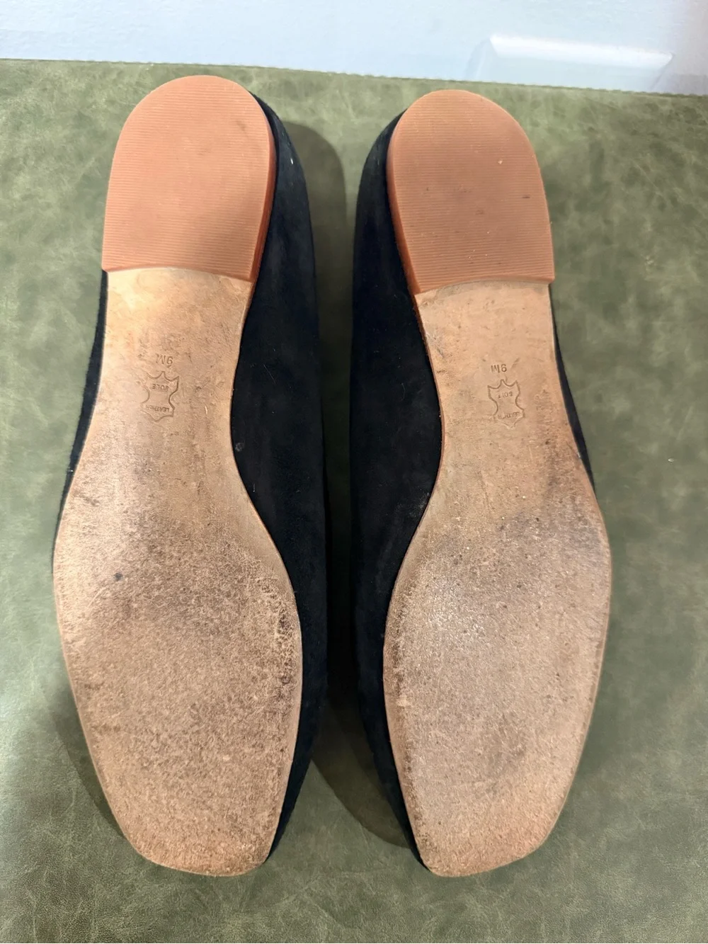 Tory Burch Georgia Black Suede Logo Square-Toe Flats - EUC
